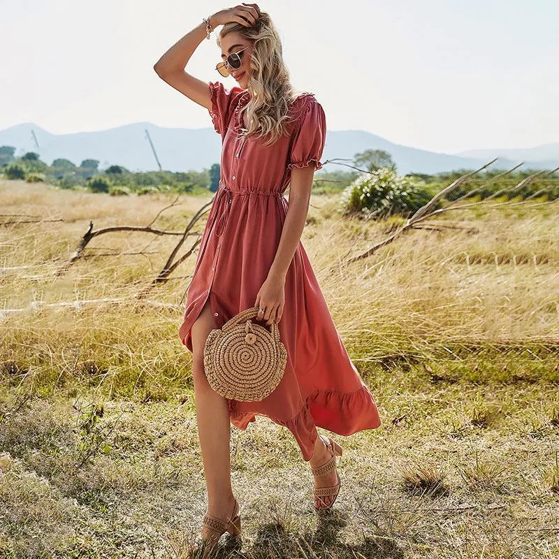 Dunnmall Simple Style Round Neck Summer Boho Dress