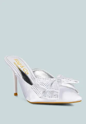 ELISDA White Embellished Bow High Heel Mules