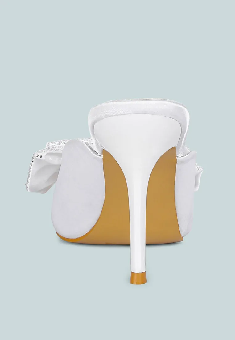 ELISDA White Embellished Bow High Heel Mules