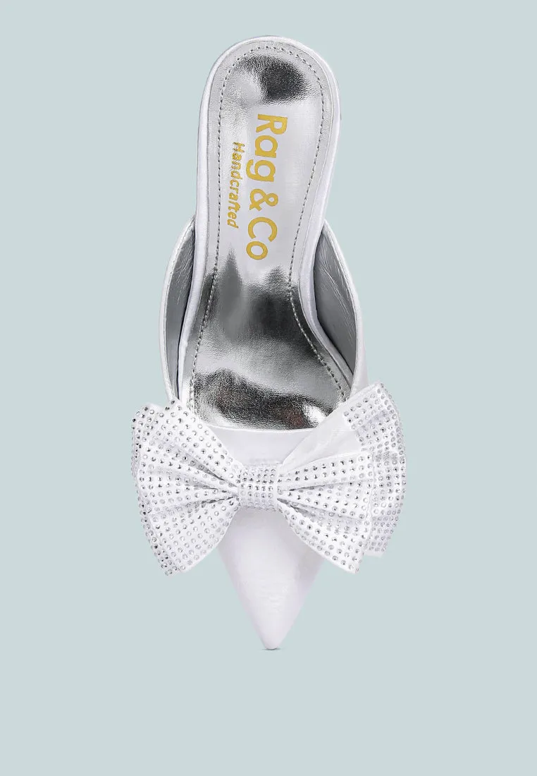 ELISDA White Embellished Bow High Heel Mules