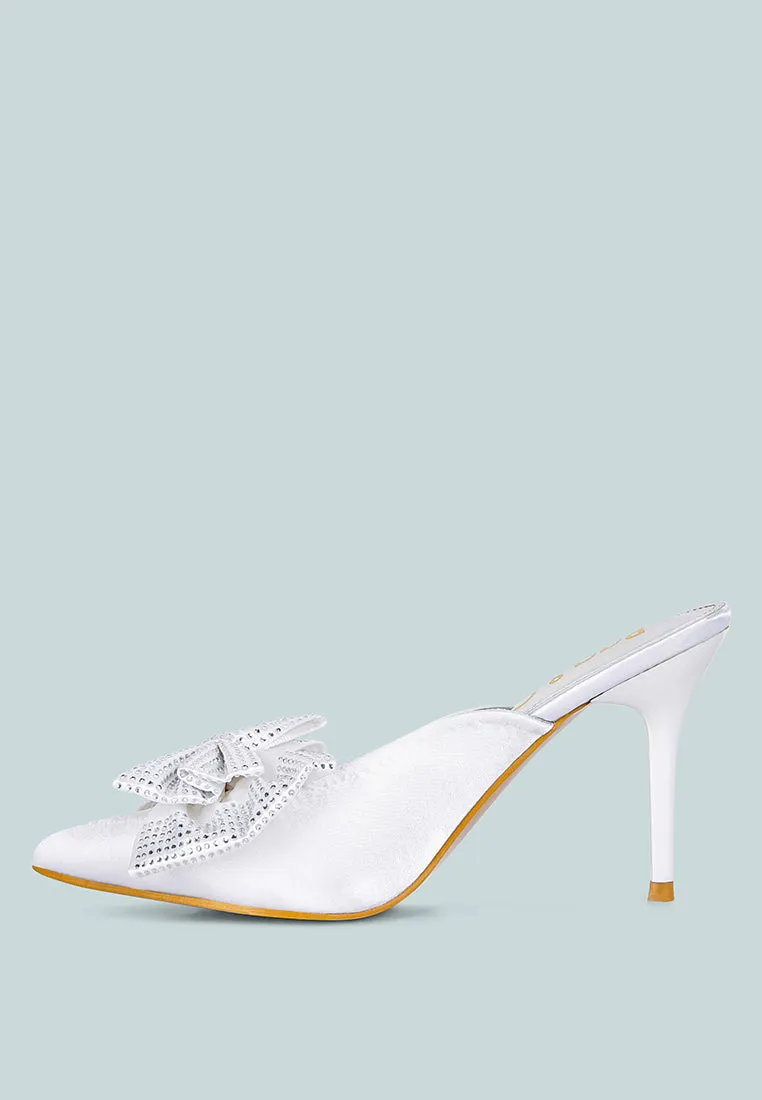 ELISDA White Embellished Bow High Heel Mules