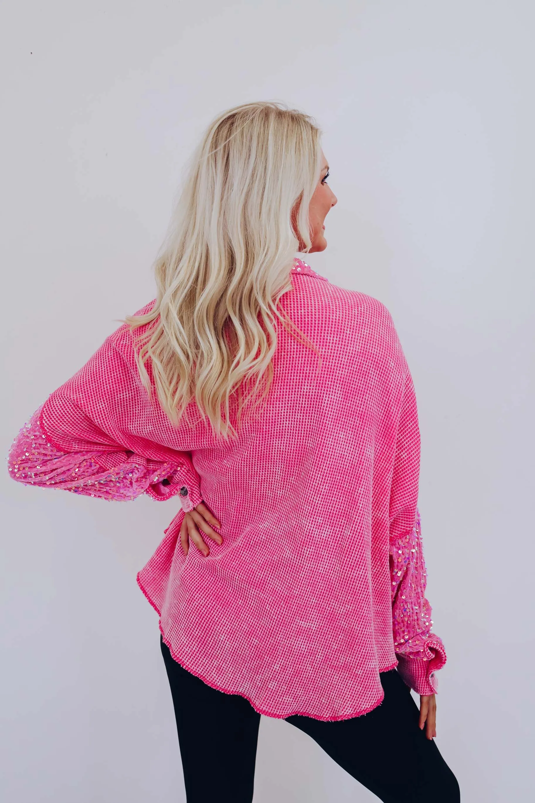 Elsie Contrasting Sequin Shacket - Pink