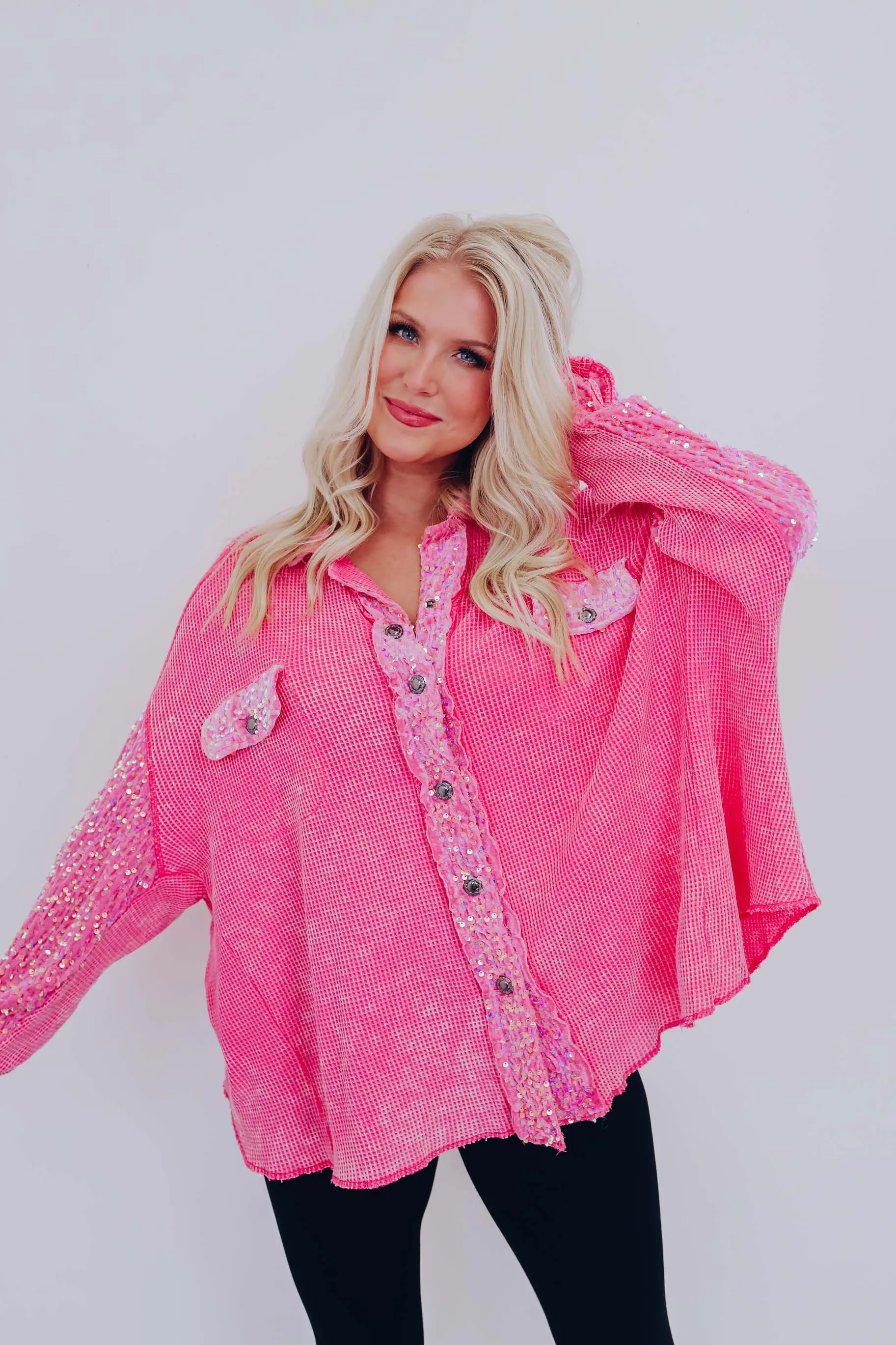 Elsie Contrasting Sequin Shacket - Pink