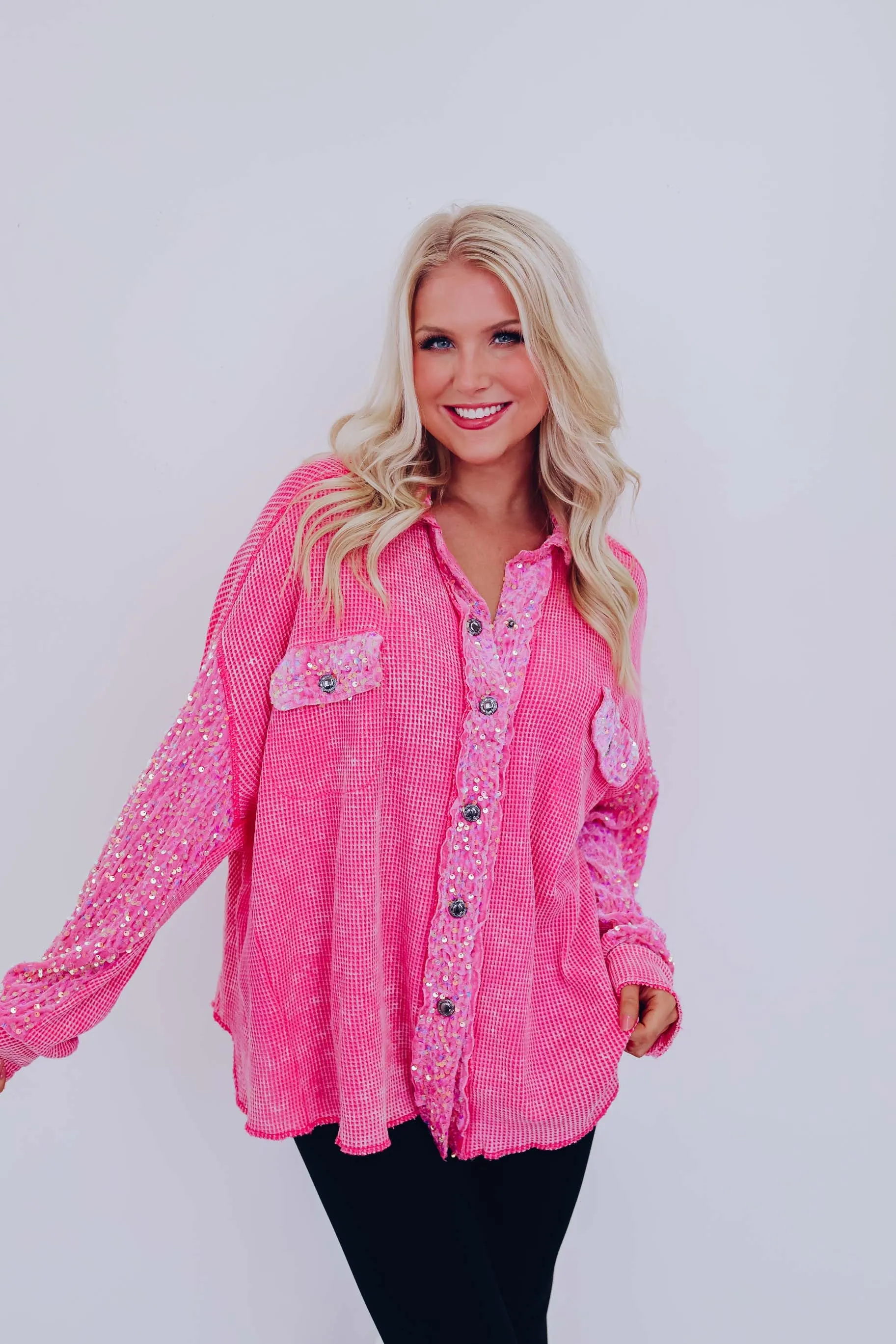 Elsie Contrasting Sequin Shacket - Pink