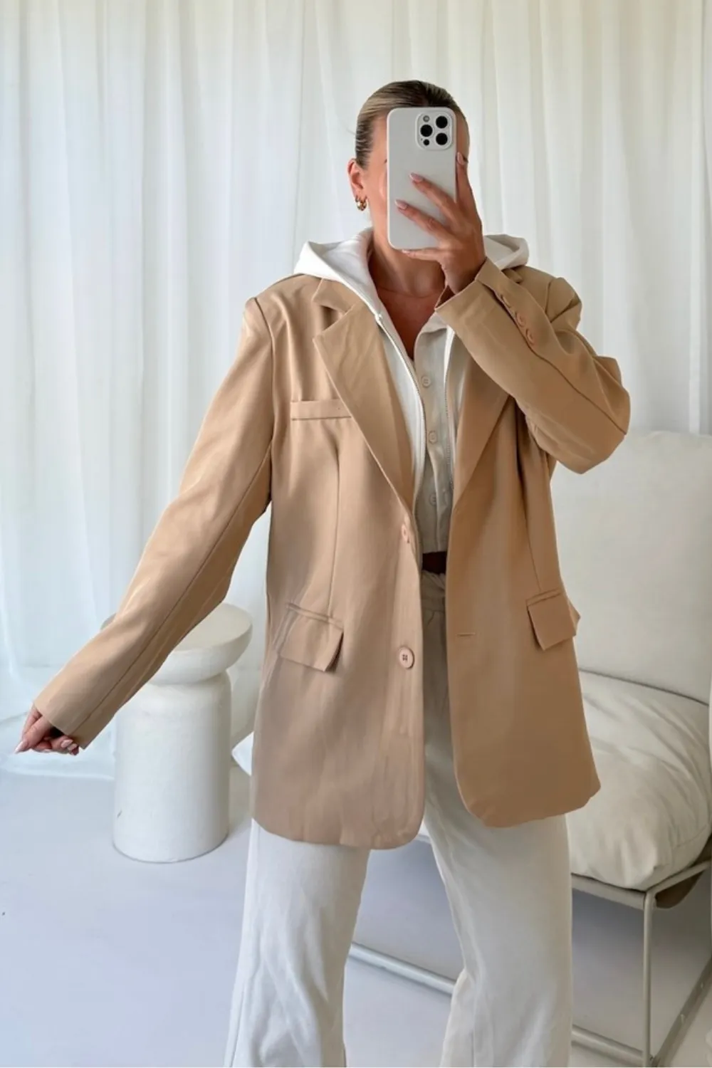 Emilie beige 2-in-1 hooded blazer