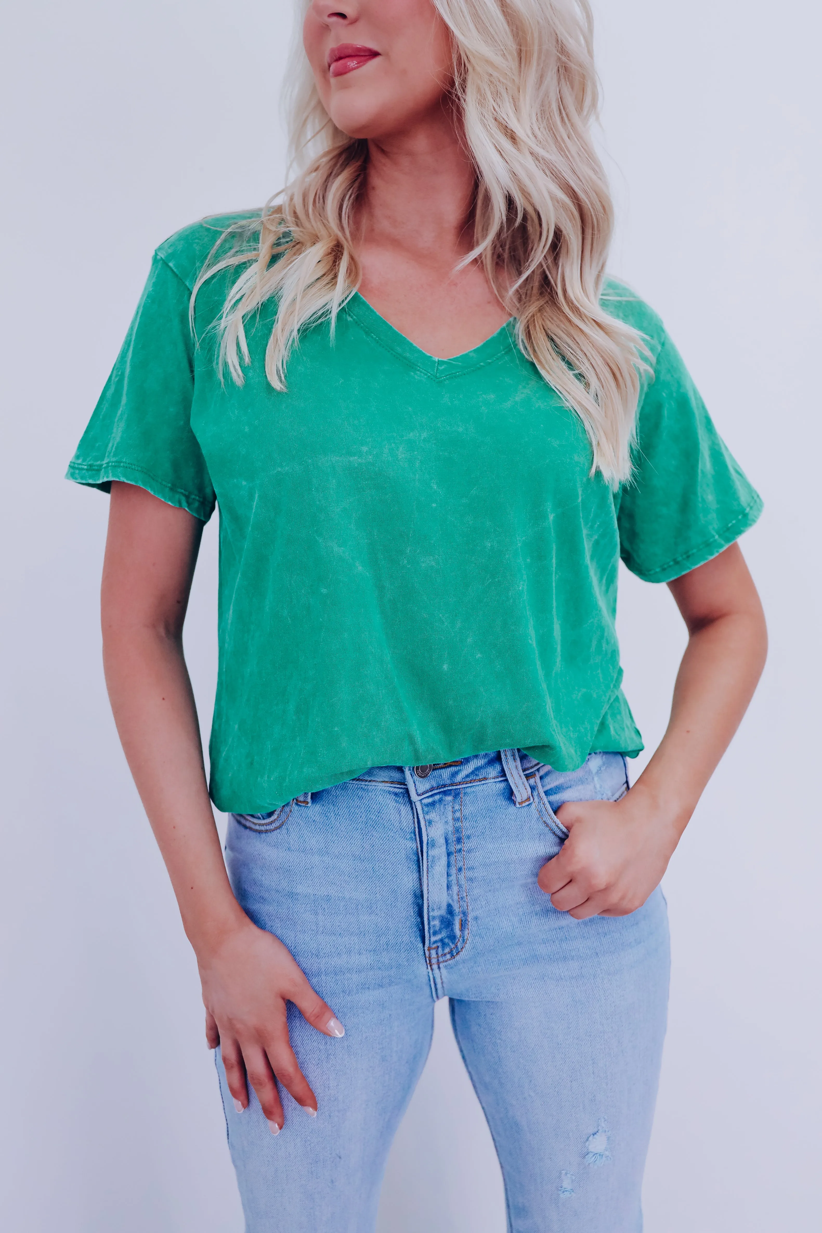 Evie V-neck Acid Washed Top - Green