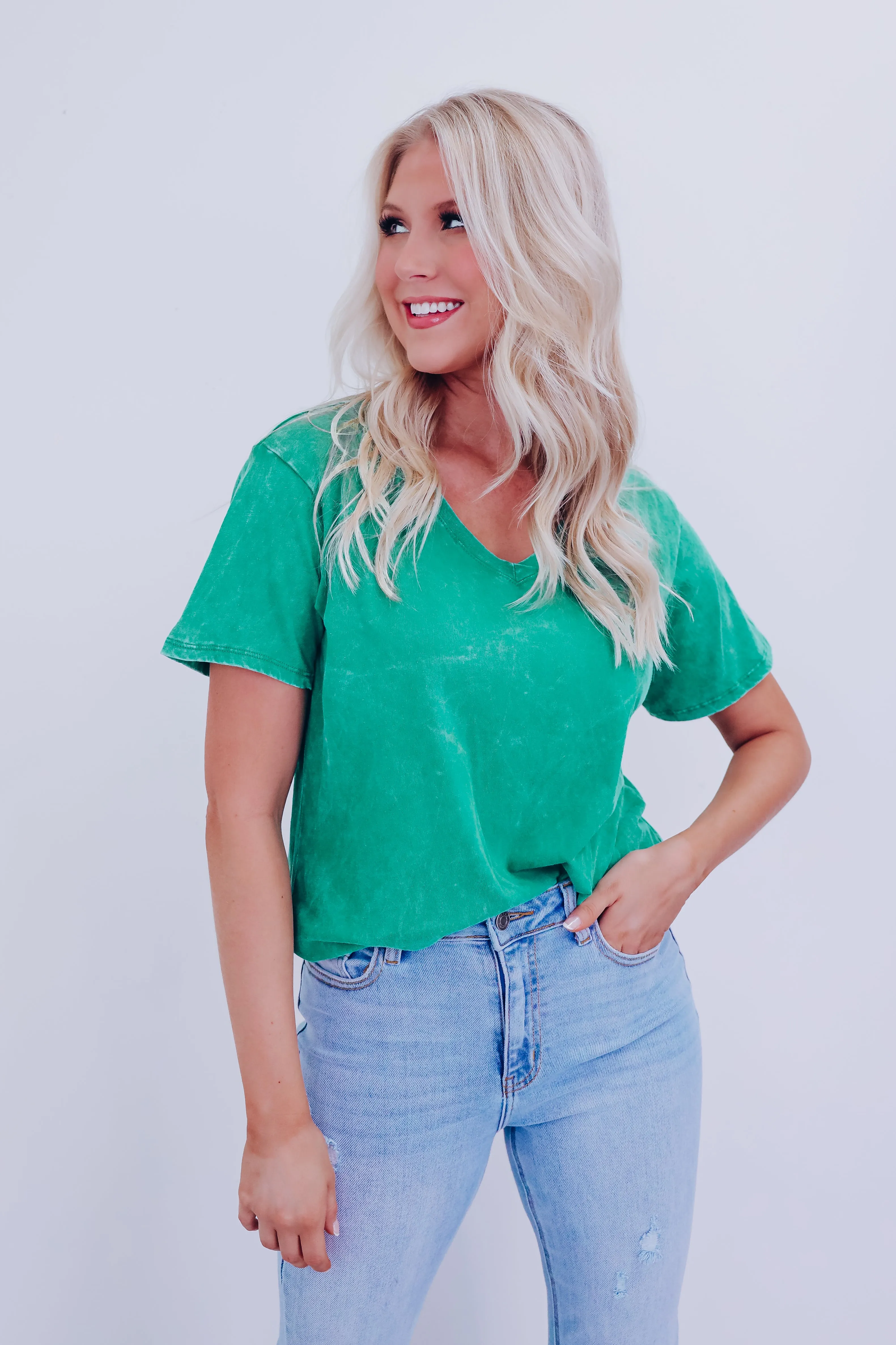 Evie V-neck Acid Washed Top - Green