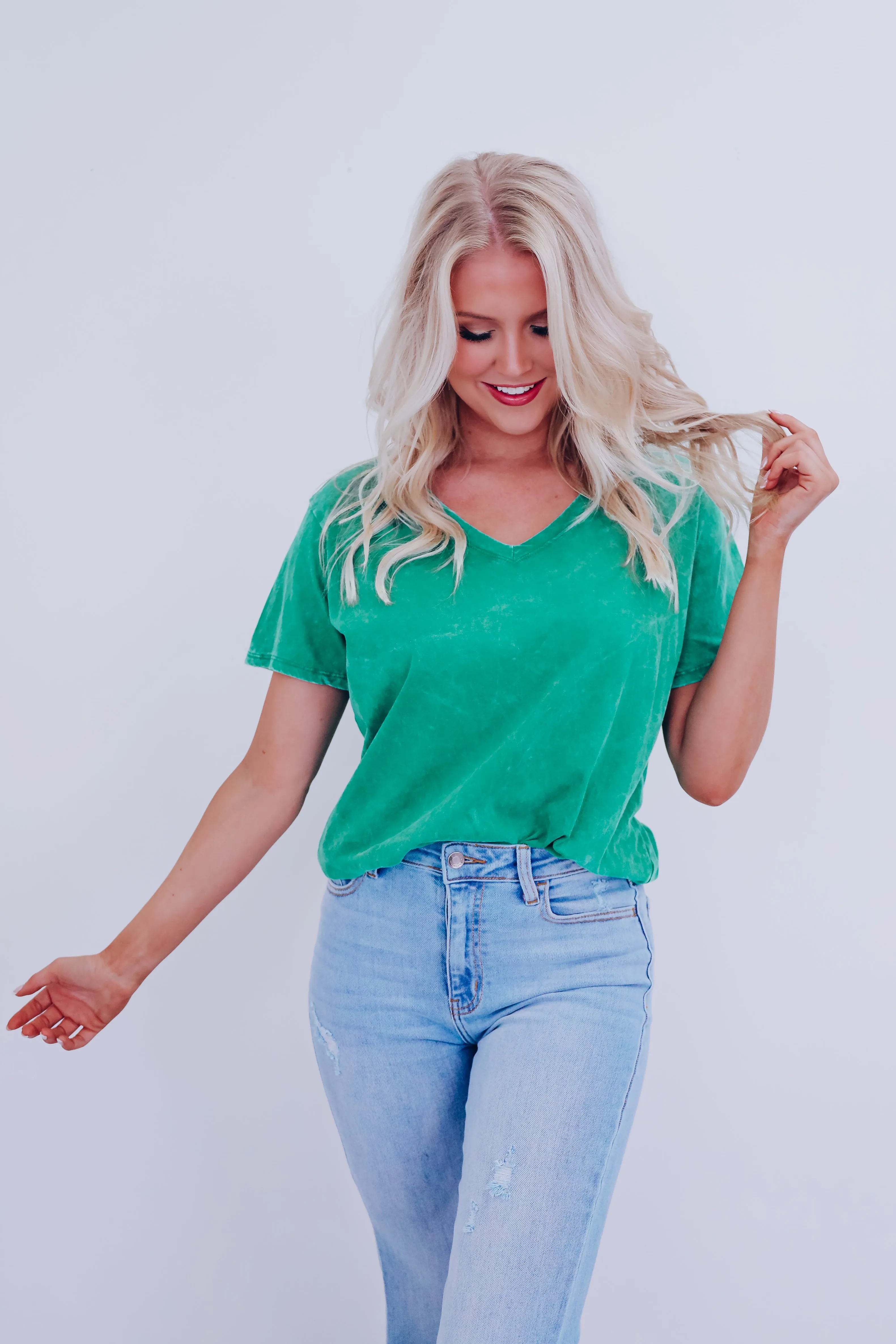 Evie V-neck Acid Washed Top - Green