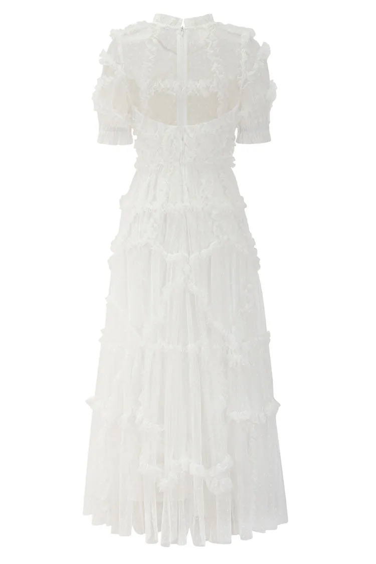 Fairytale Mock Neck Sleeved Dotted Tulle Tiered Ruffle Maxi Gown Dress - White