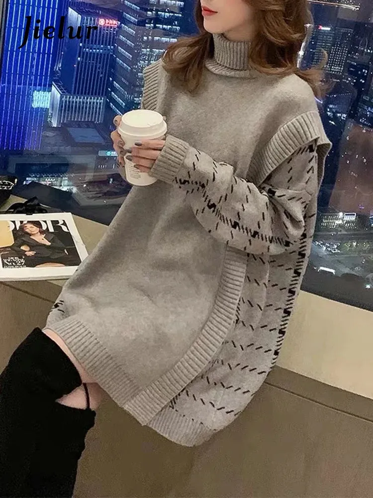 Fashion Black Gray Women Sweater Autumn Winter Turtleneck Stitching Fake Two Piece Dress Loose Pullover Knit Dresses