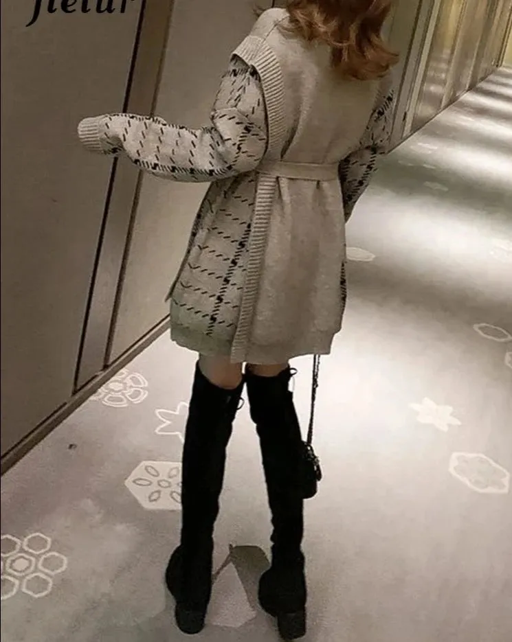 Fashion Black Gray Women Sweater Autumn Winter Turtleneck Stitching Fake Two Piece Dress Loose Pullover Knit Dresses