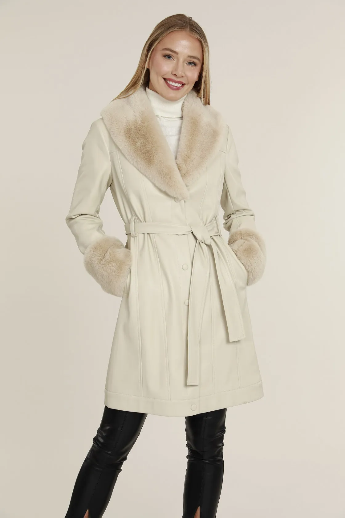 Faux Leather Trench Coat with Fur Trim