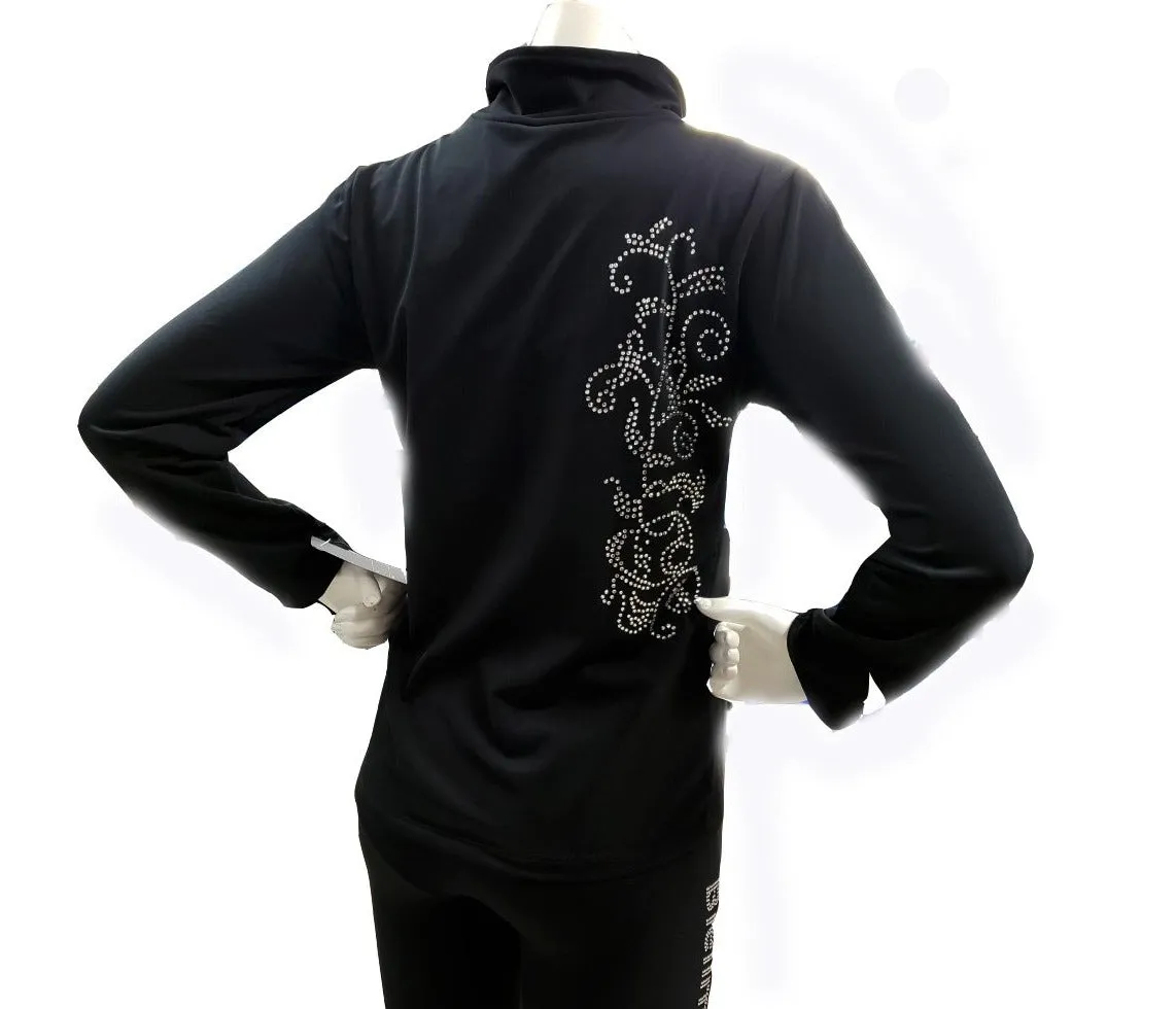 Figure Skating Jacket with Crystal Scrolls, Black Micro-Fleece BSU231120