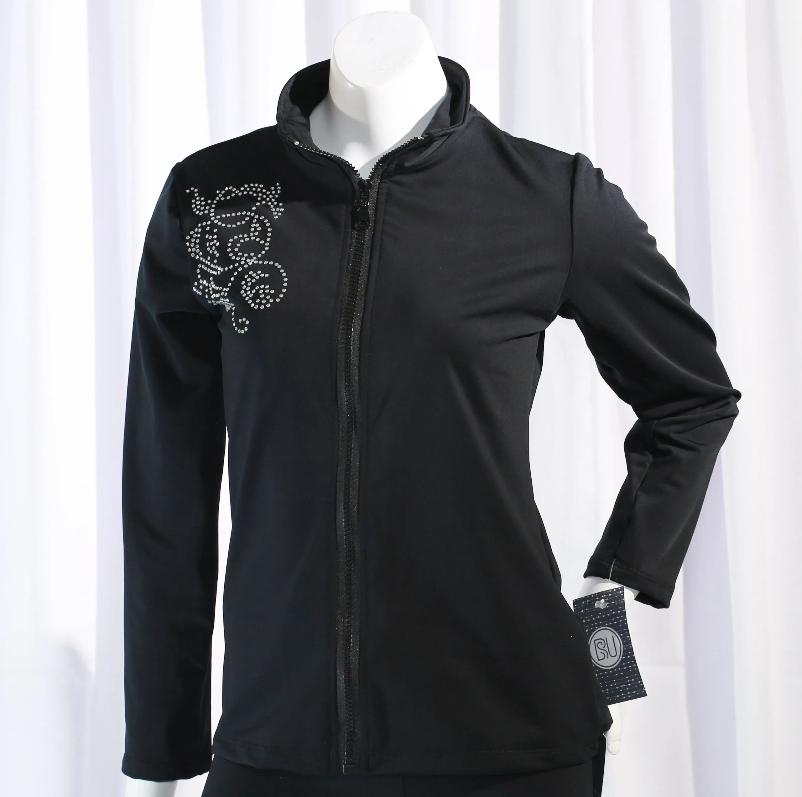 Figure Skating Jacket with Crystal Scrolls, Black Micro-Fleece BSU231120