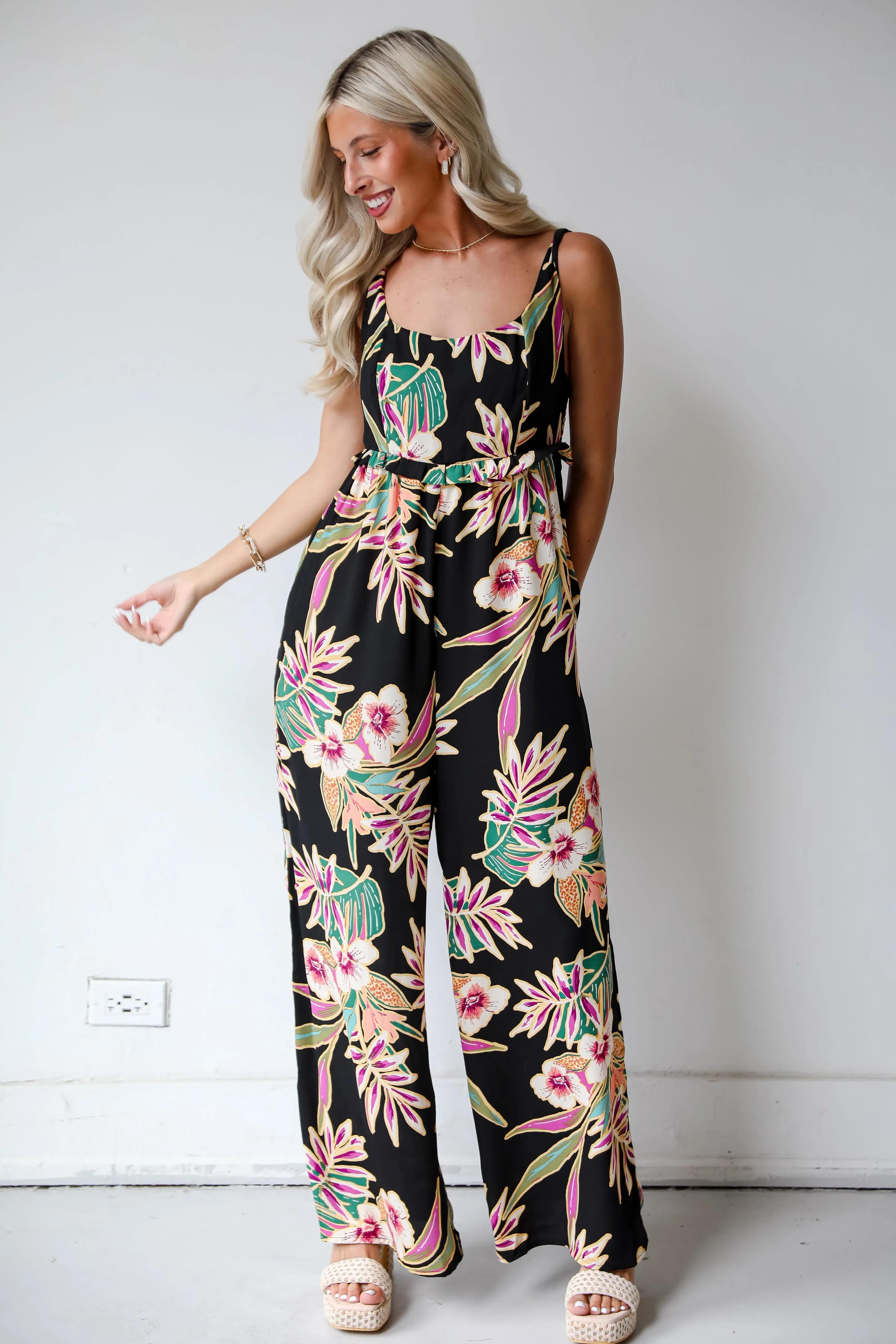 FINAL SALE - Compelling Glam Black Floral Jumpsuit