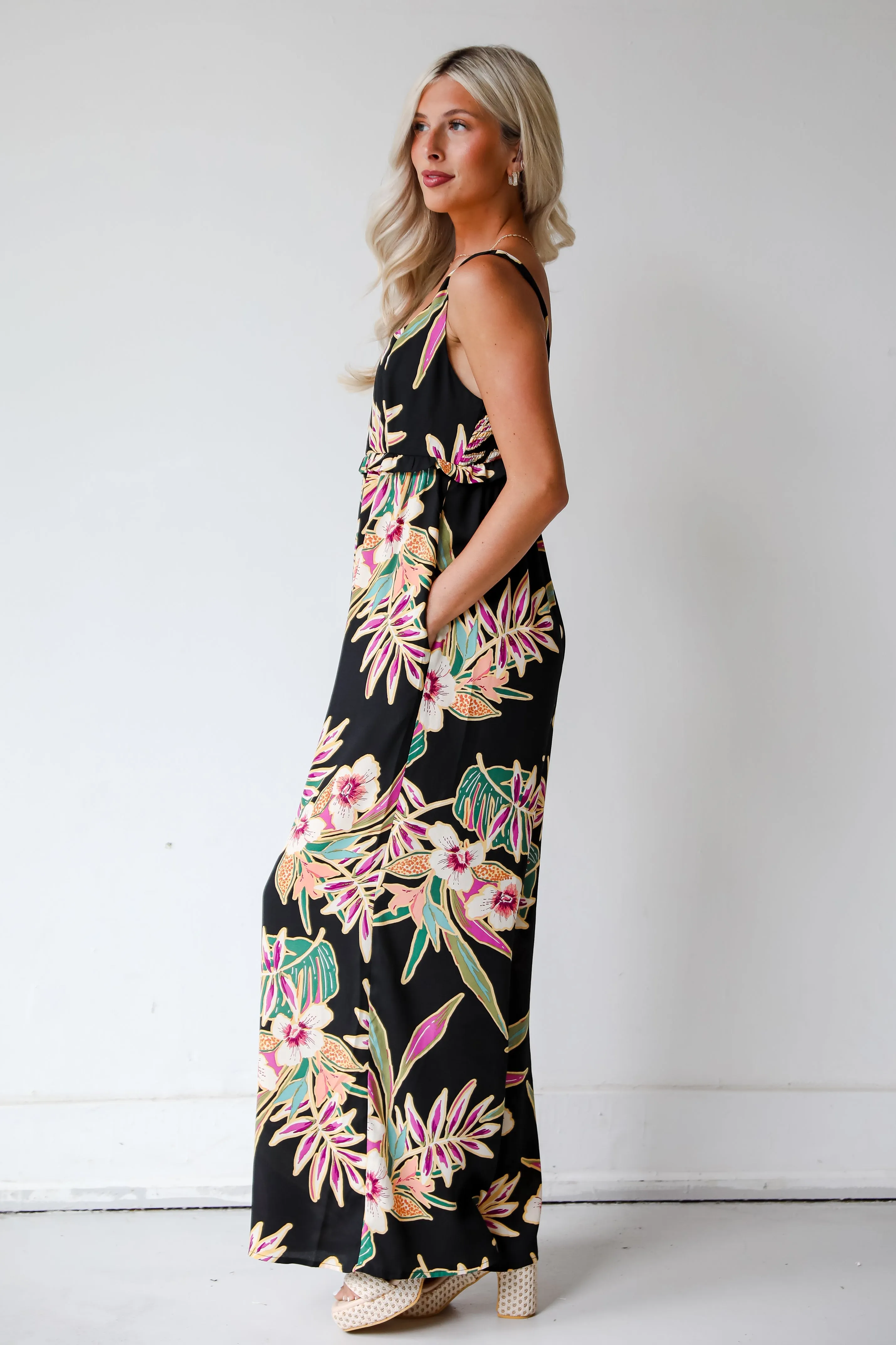 FINAL SALE - Compelling Glam Black Floral Jumpsuit