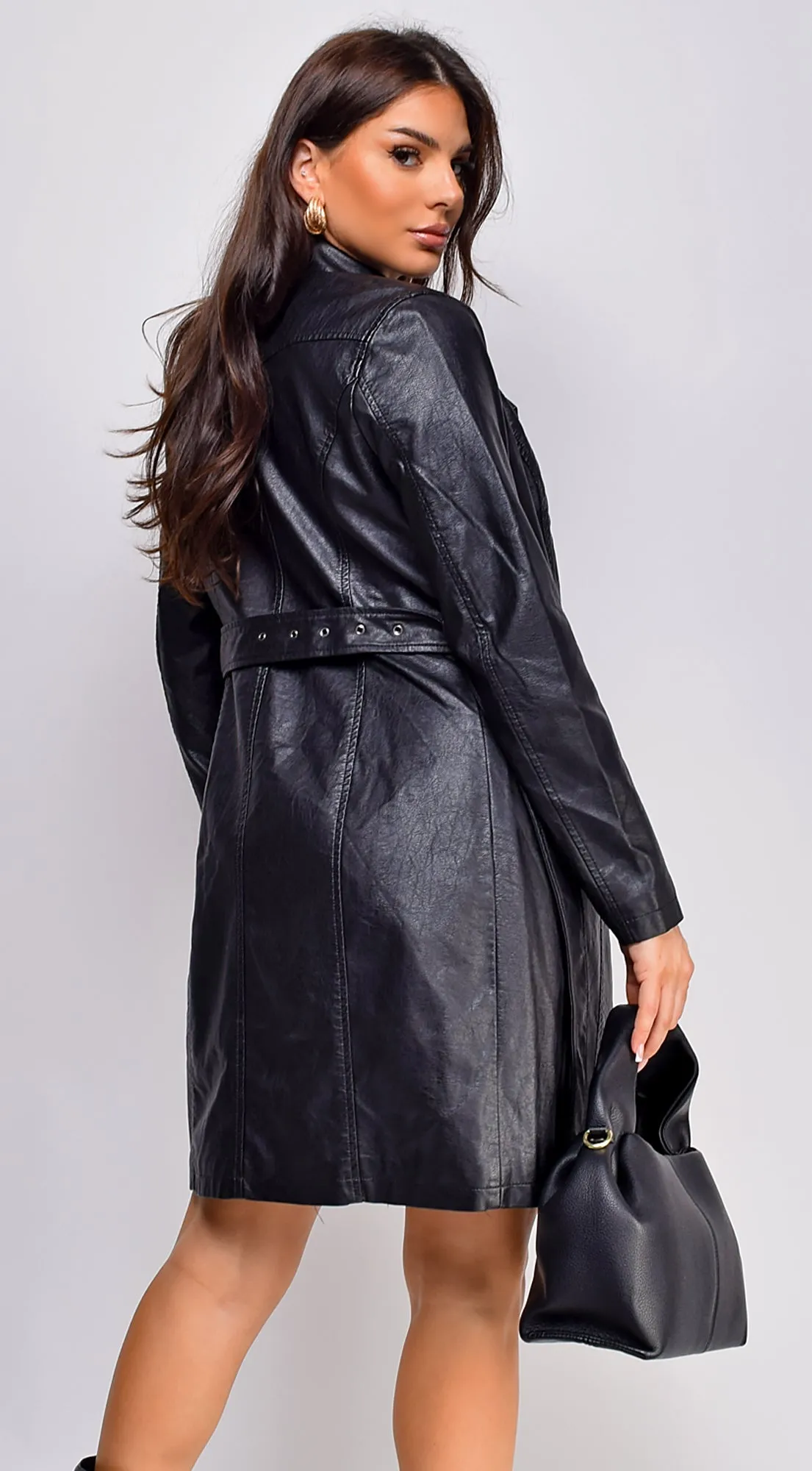 Finland Faux Leather Trench Coat - Black