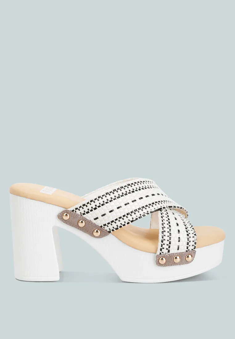 FInley Raffia High Block Heel Clogs In White