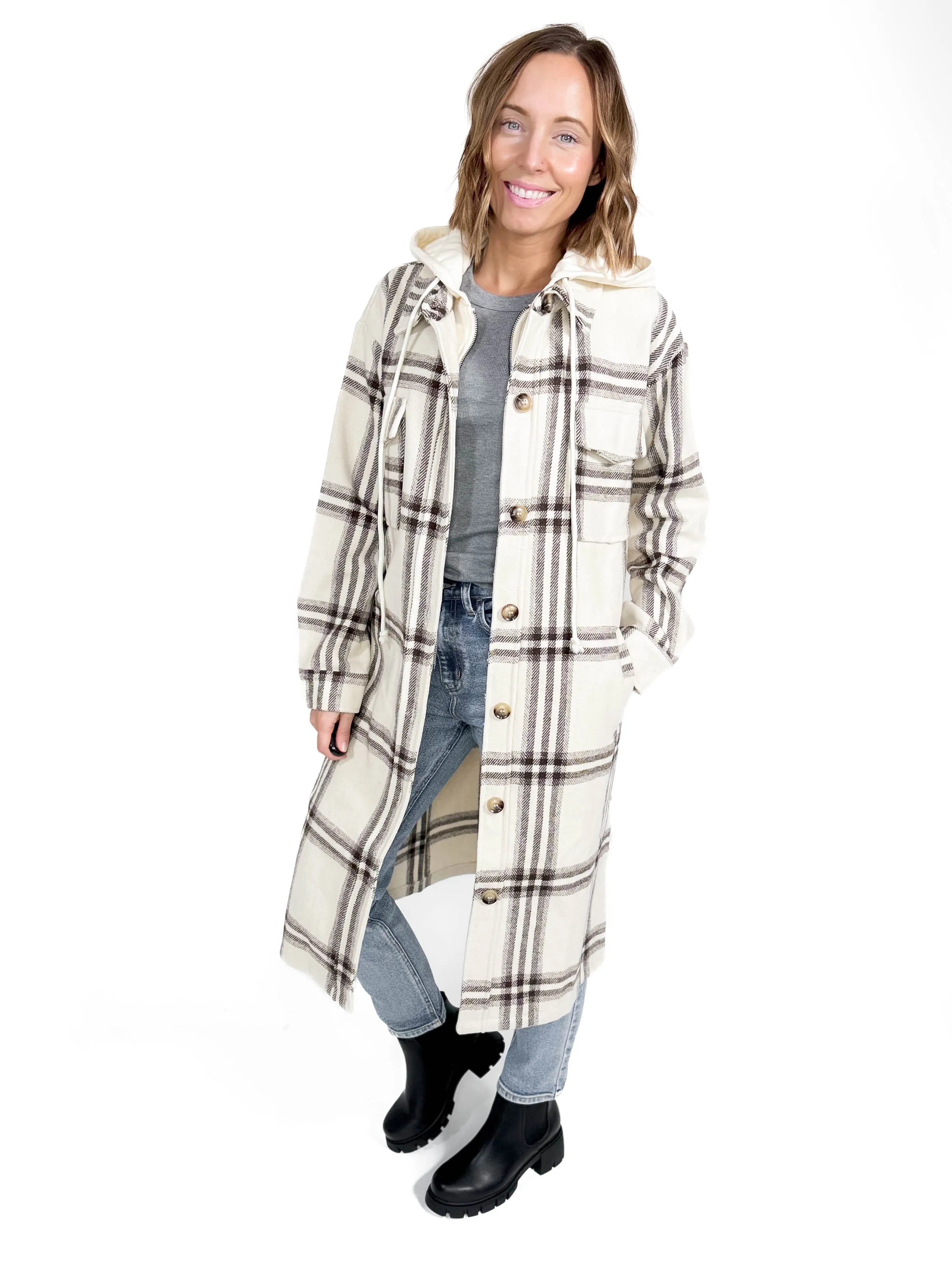 Fireside Twofer Hoodie Shacket- CREAM PLAID