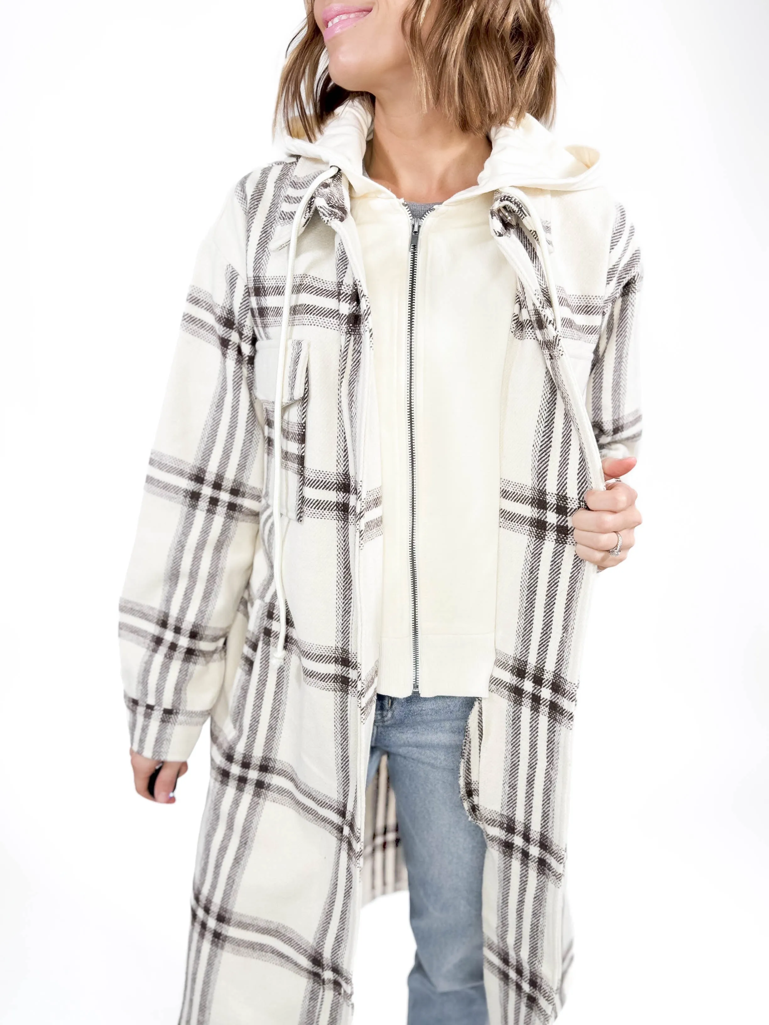 Fireside Twofer Hoodie Shacket- CREAM PLAID