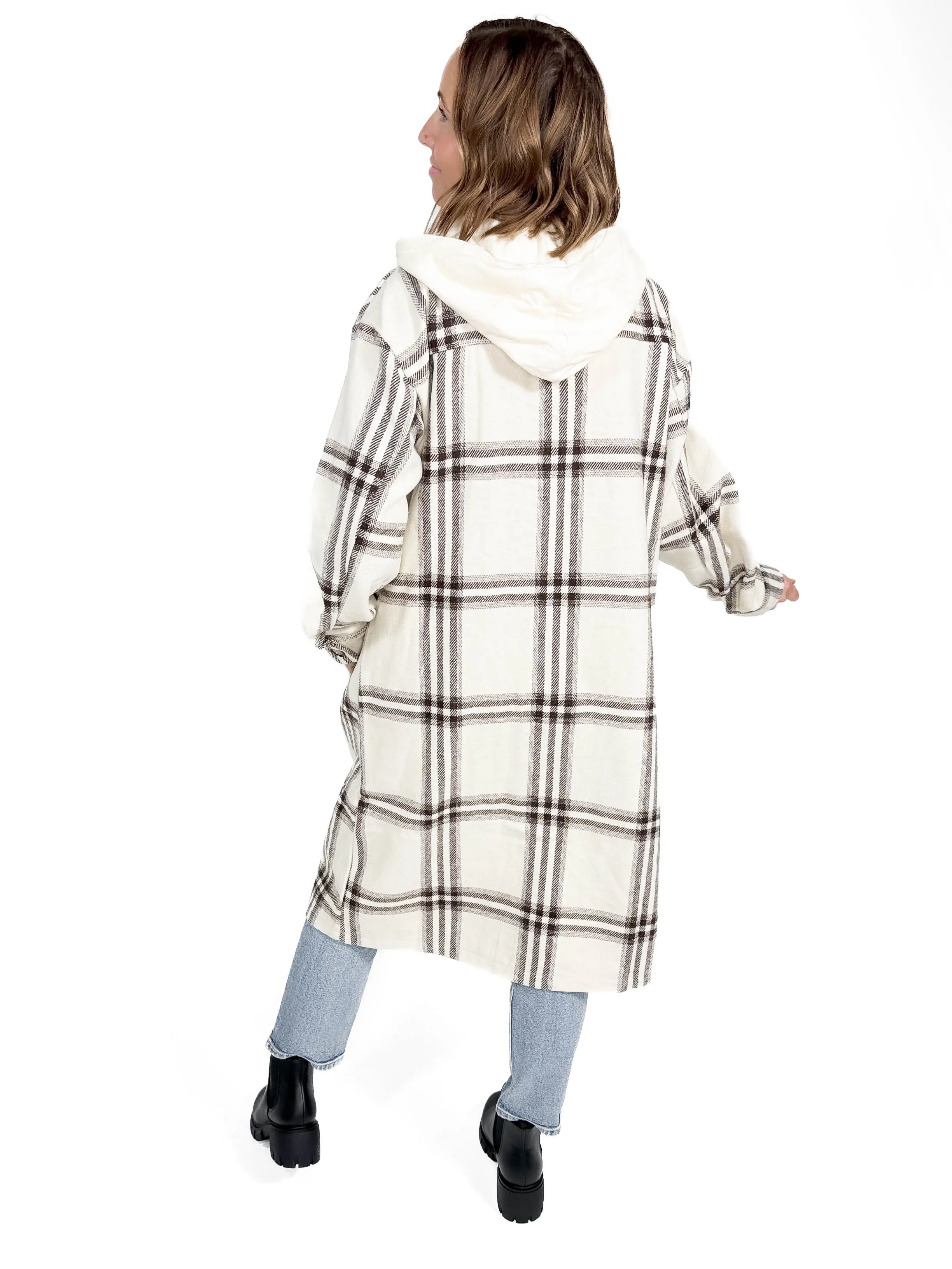 Fireside Twofer Hoodie Shacket- CREAM PLAID