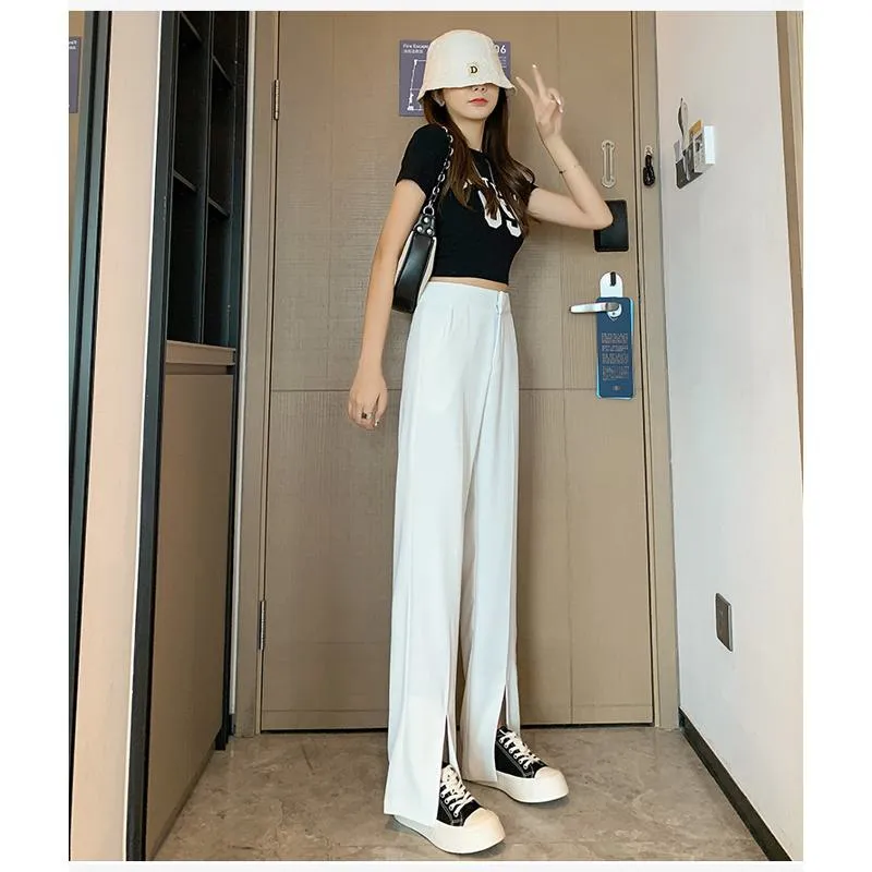 Floor-Length Casual Slimming Plus Split High-Waisted Pants