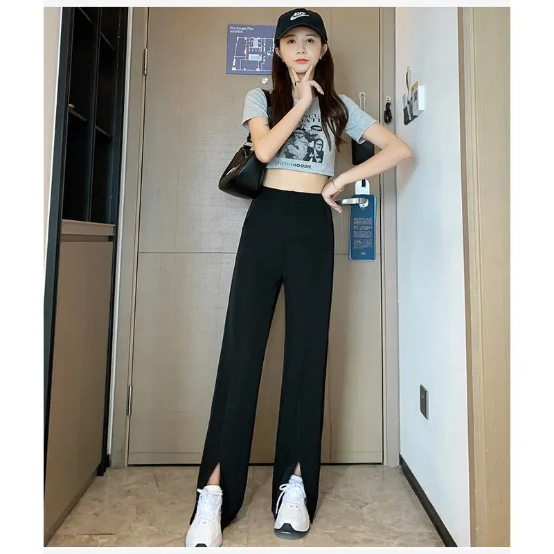 Floor-Length Casual Slimming Plus Split High-Waisted Pants