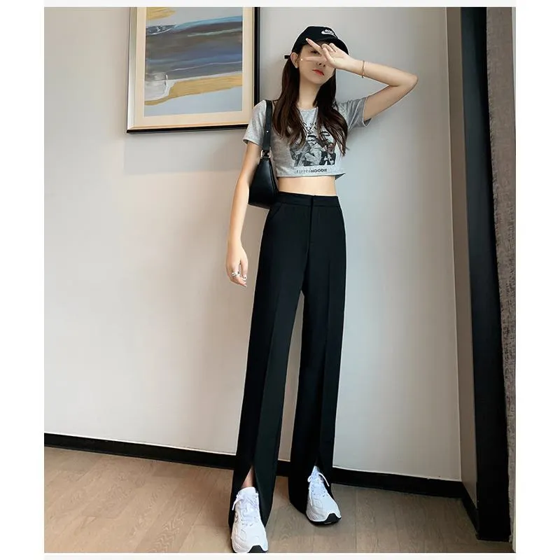 Floor-Length Casual Slimming Plus Split High-Waisted Pants