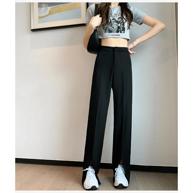 Floor-Length Casual Slimming Plus Split High-Waisted Pants