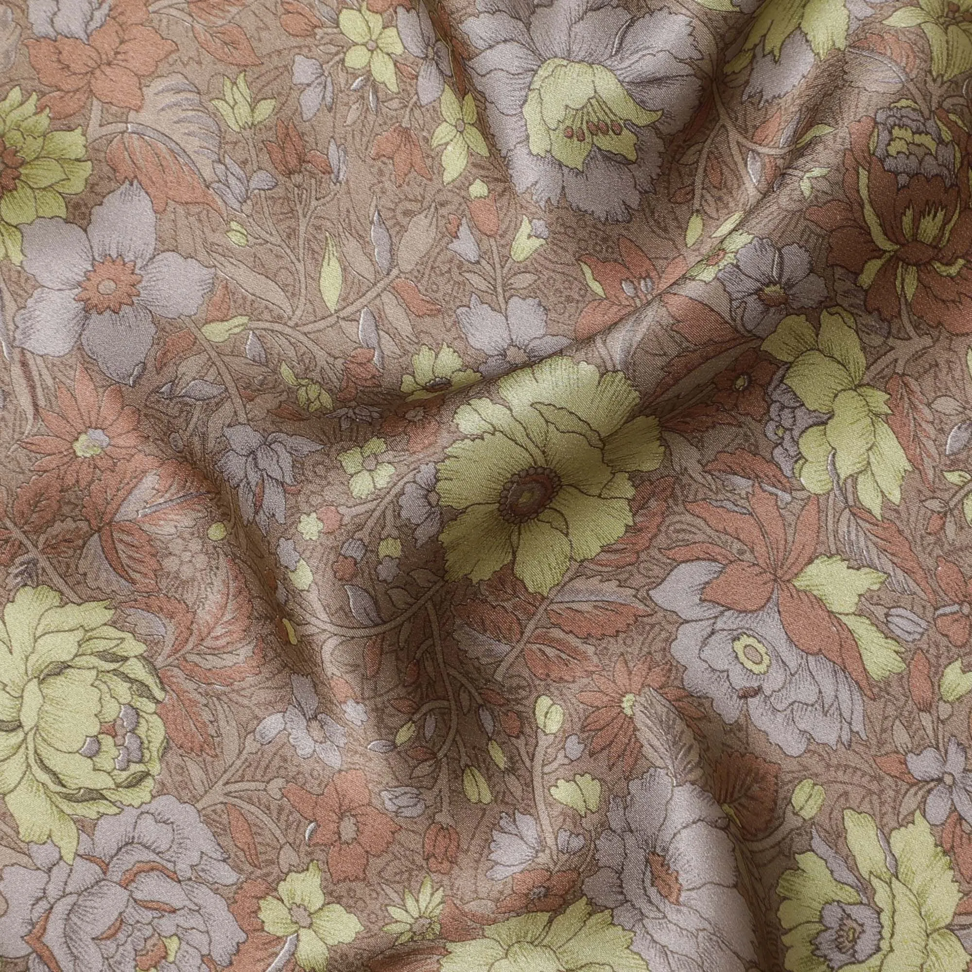 Flora Bounty Silk Satin Fabric - Vintage Floral Print, 110cm Width, Indian Crafted Elegance-D17715