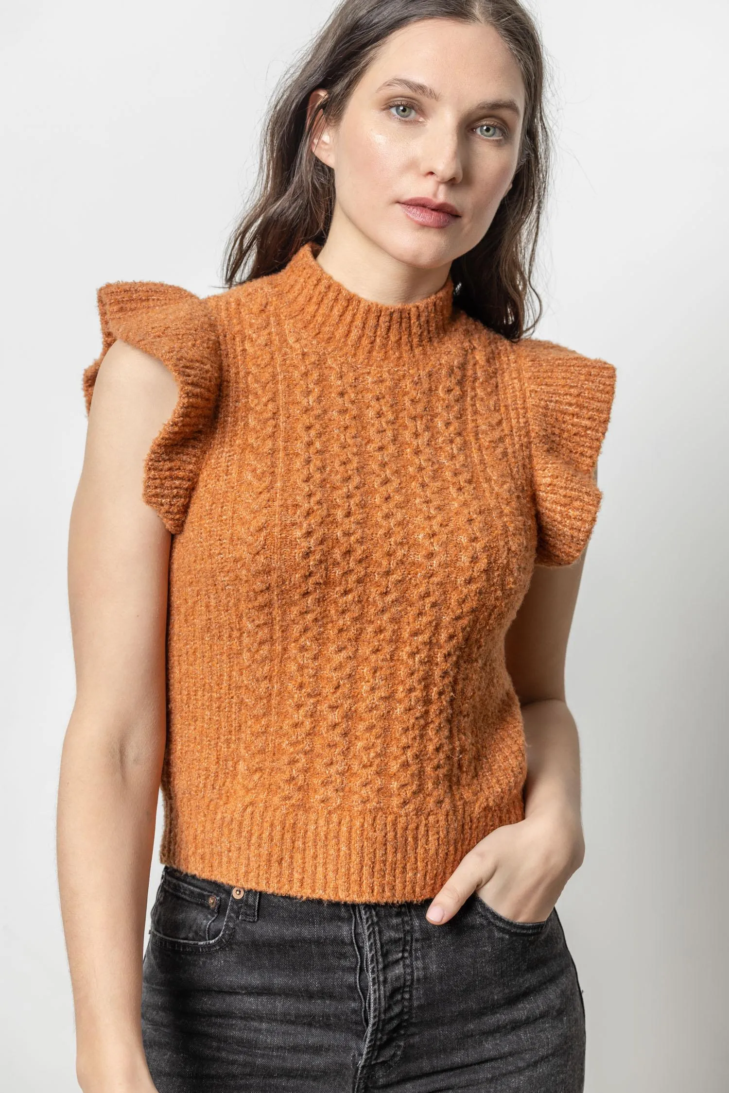 Flutter Sleeve Mock Neck Sweater