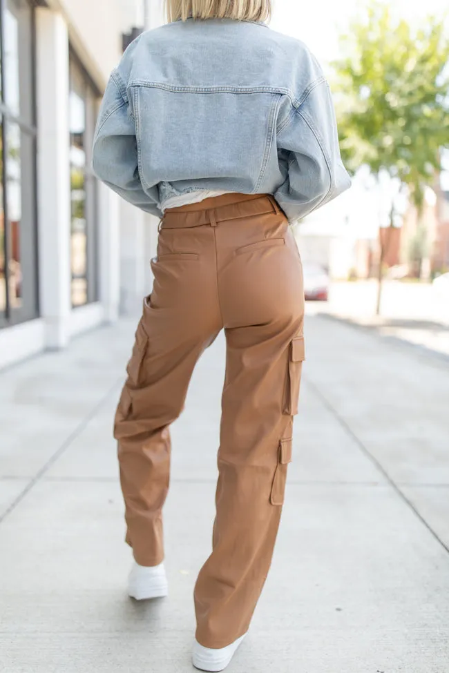 Follow My Lead Camel Faux Leather Cargo Pants FINAL SALE