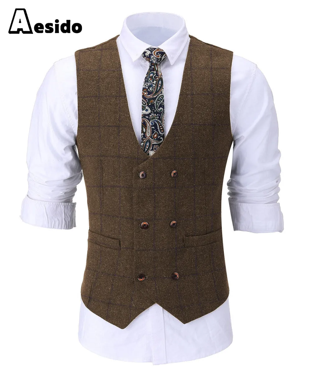 Formal Men's Suit Vest Plaid Tweed U Neck Waistcoat