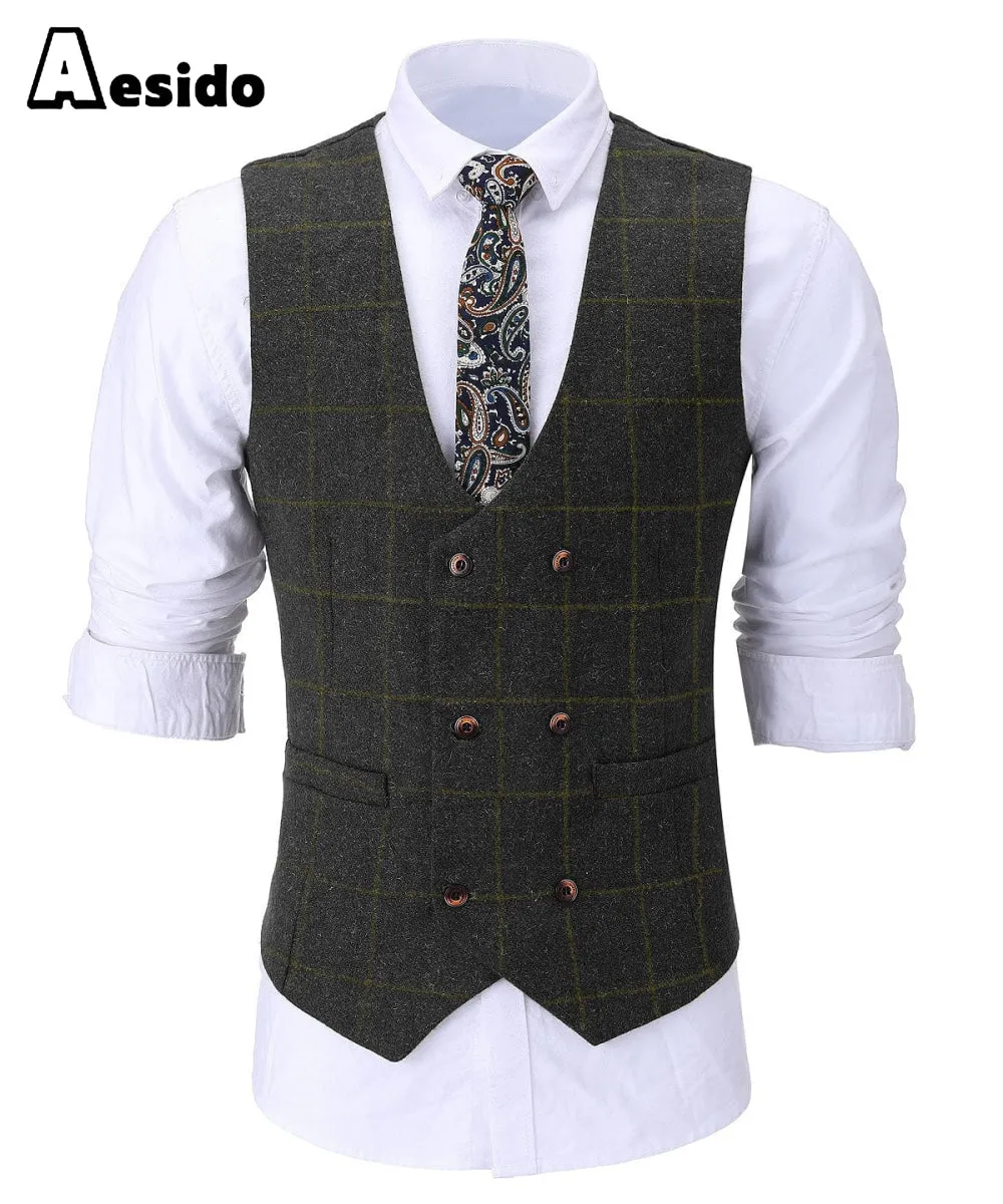 Formal Men's Suit Vest Plaid Tweed U Neck Waistcoat