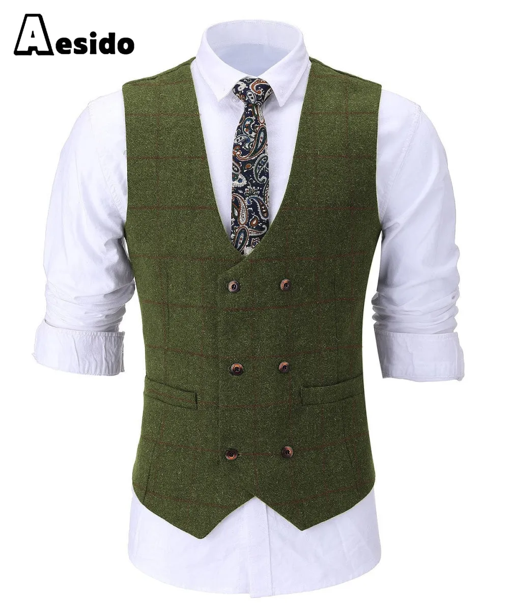 Formal Men's Suit Vest Plaid Tweed U Neck Waistcoat