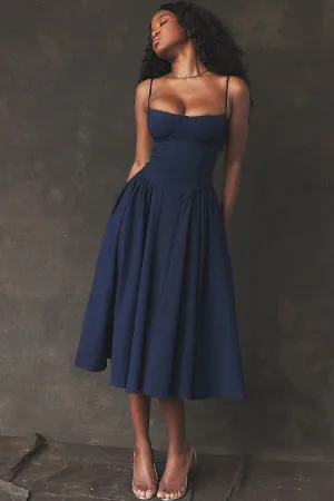 French Bustier Spaghetti Strap Drop Waist Fit & Flare Midi Sundress - Navy Blue