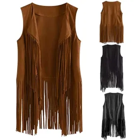 Fringe Vest Women Leather Suede Vest Tassels Vintage Western Country Cowgirl Vest Cardigan Waistcoat Jacket