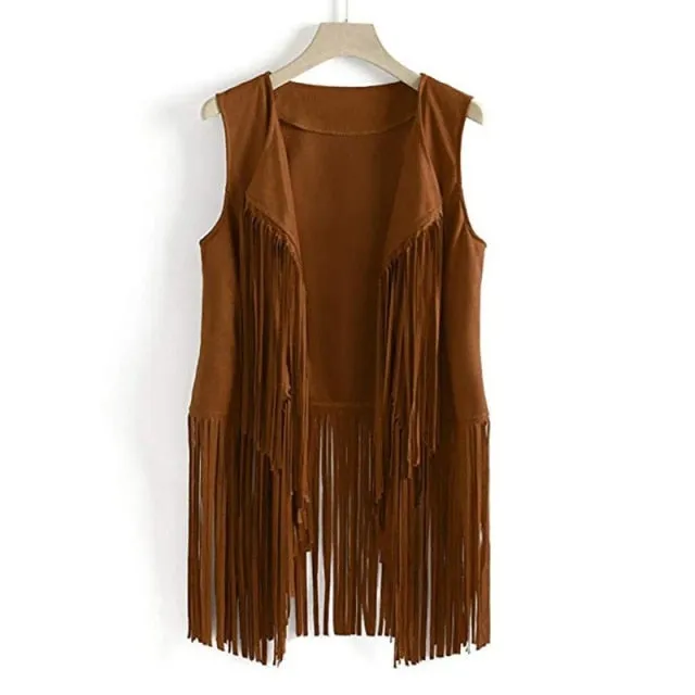 Fringe Vest Women Leather Suede Vest Tassels Vintage Western Country Cowgirl Vest Cardigan Waistcoat Jacket