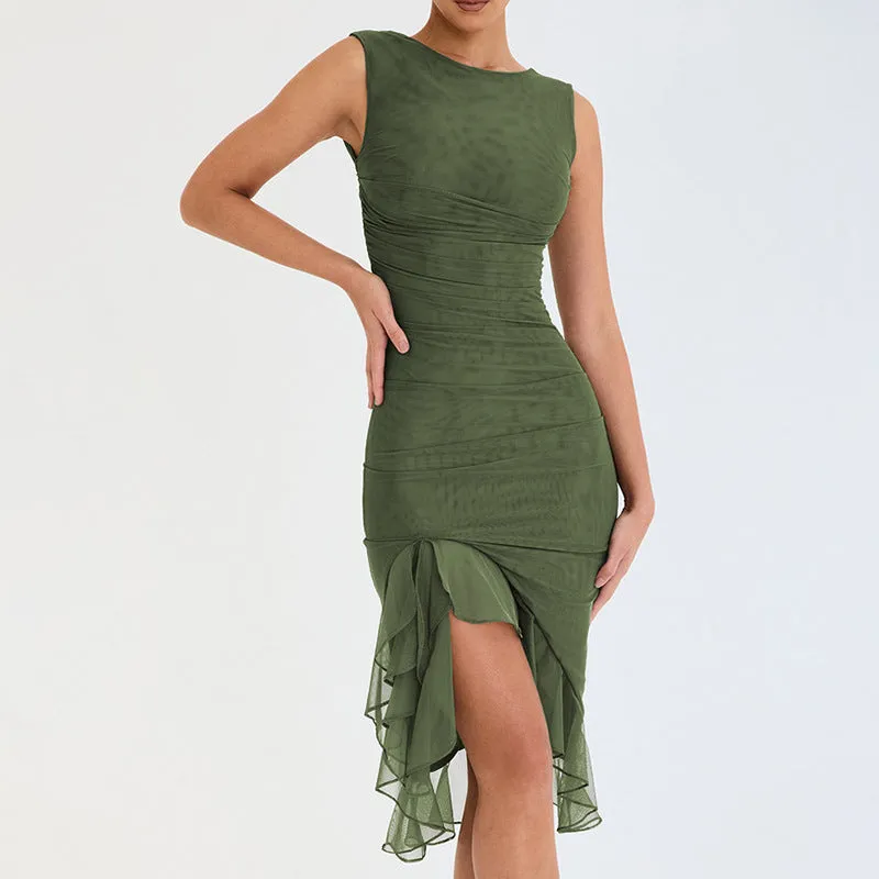 Front Slit Sleeveless Ruched Bodycon Midi Dress