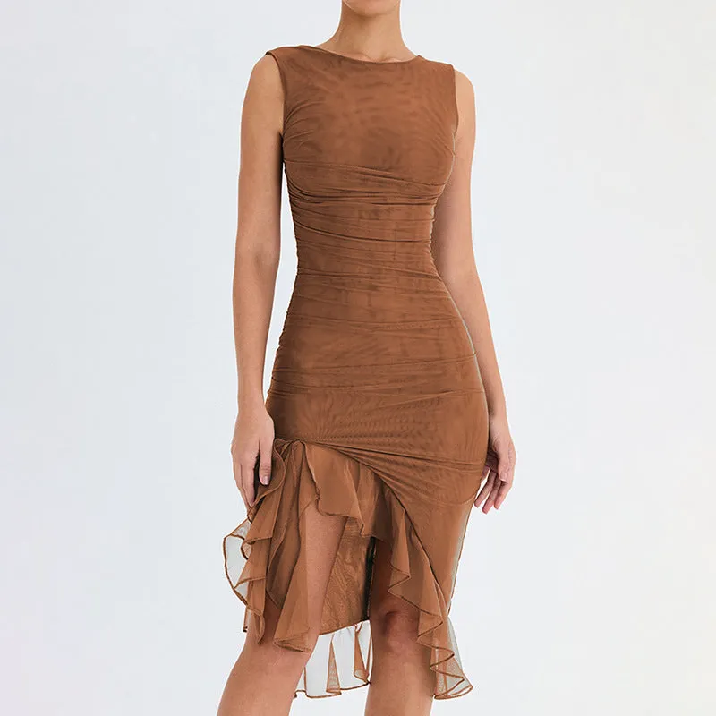 Front Slit Sleeveless Ruched Bodycon Midi Dress