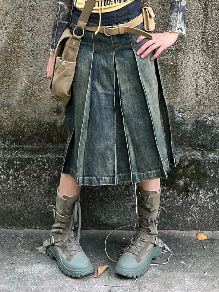 Girlary Women 2000s Harajuku Fashion Jean Midi Skirt Denim Midi Pleated A-line Skirts Dark Academia Y2k Preppy Japanese Grunge Gyaru New