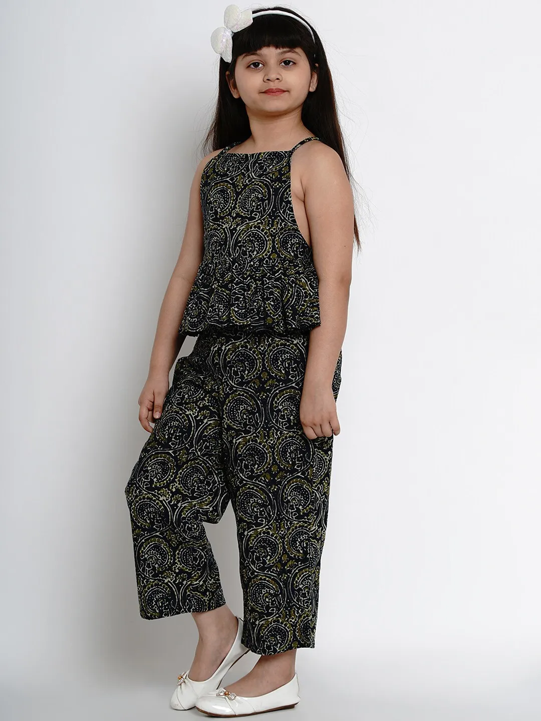 Girl's Navy Blue & Green Printed Basic Jumpsuit  - NOZ2TOZ KIDS