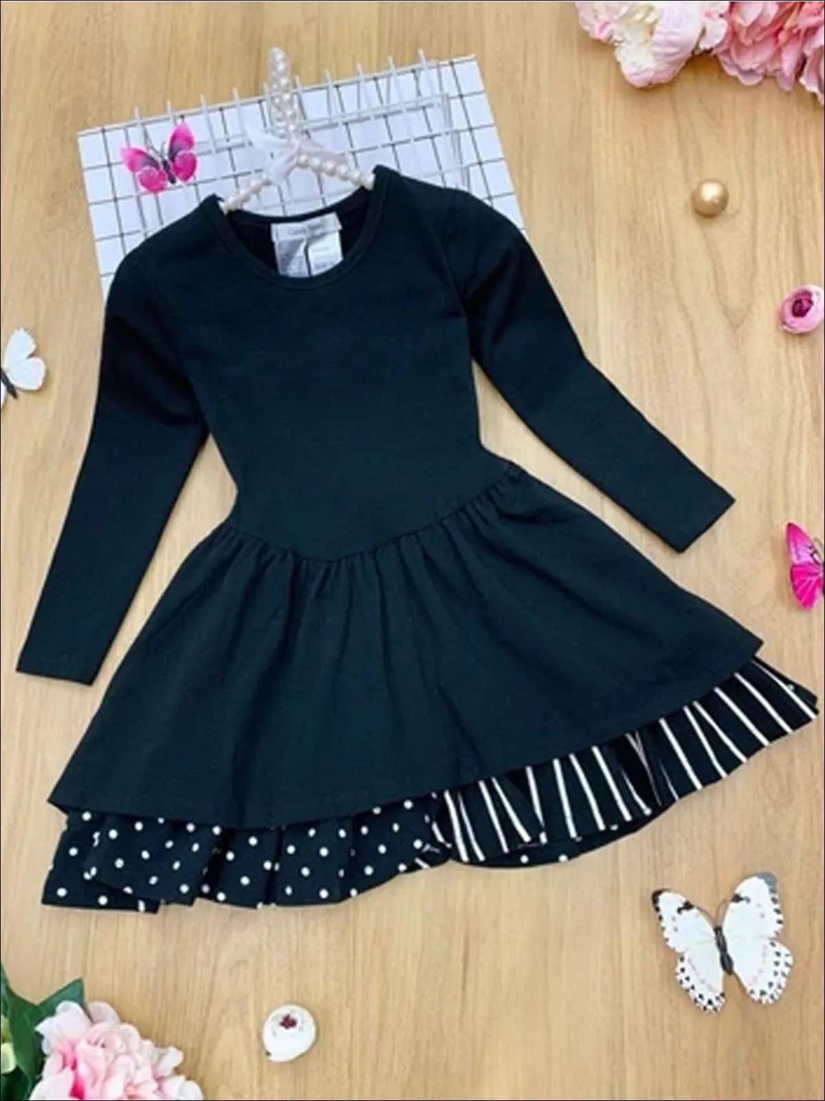 Girls Tiered Polka Dot and Striped Dress