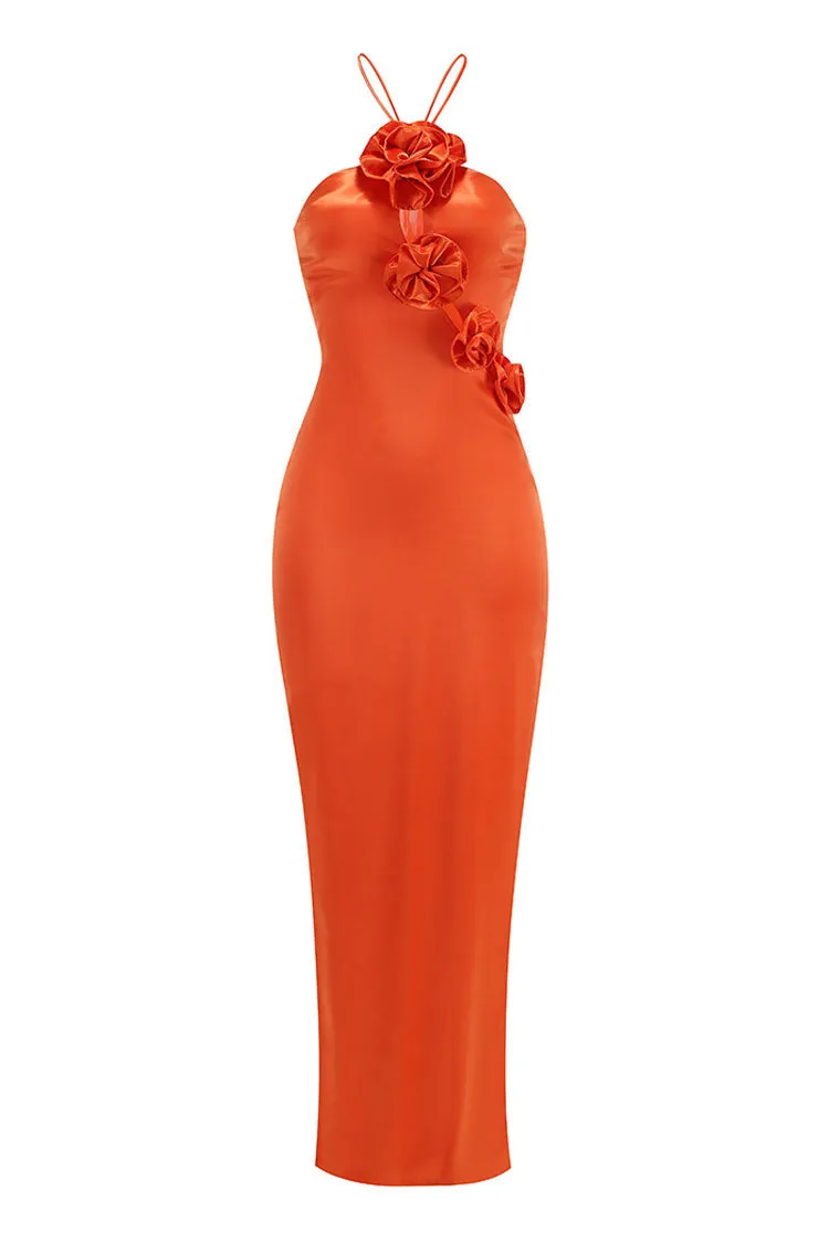 Glamorous Rosette Embellished Split Cutout Halter Neck Satin Evening Maxi Dress