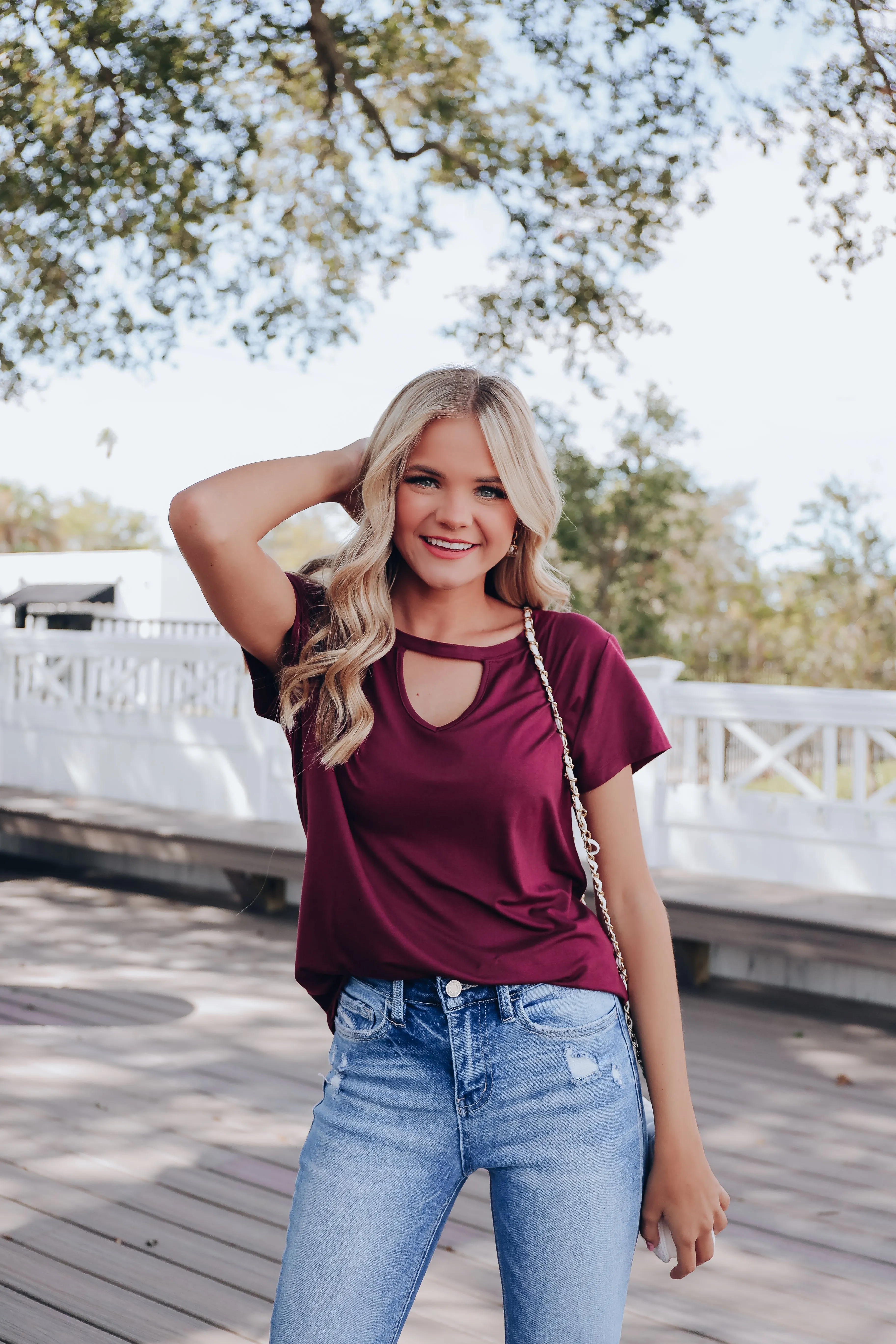 Go-To Solid Peek-A-Boo Tee - Wine