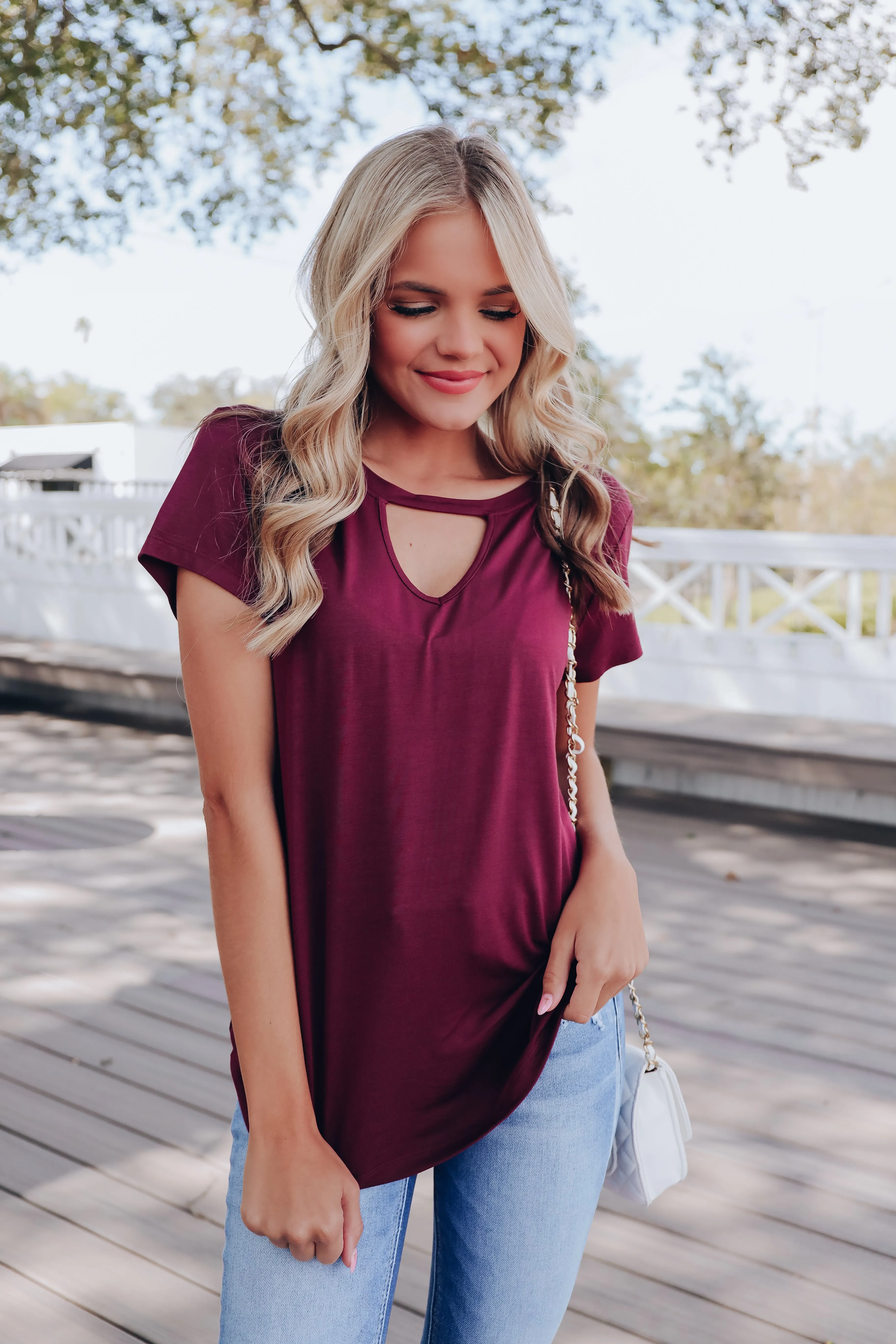 Go-To Solid Peek-A-Boo Tee - Wine