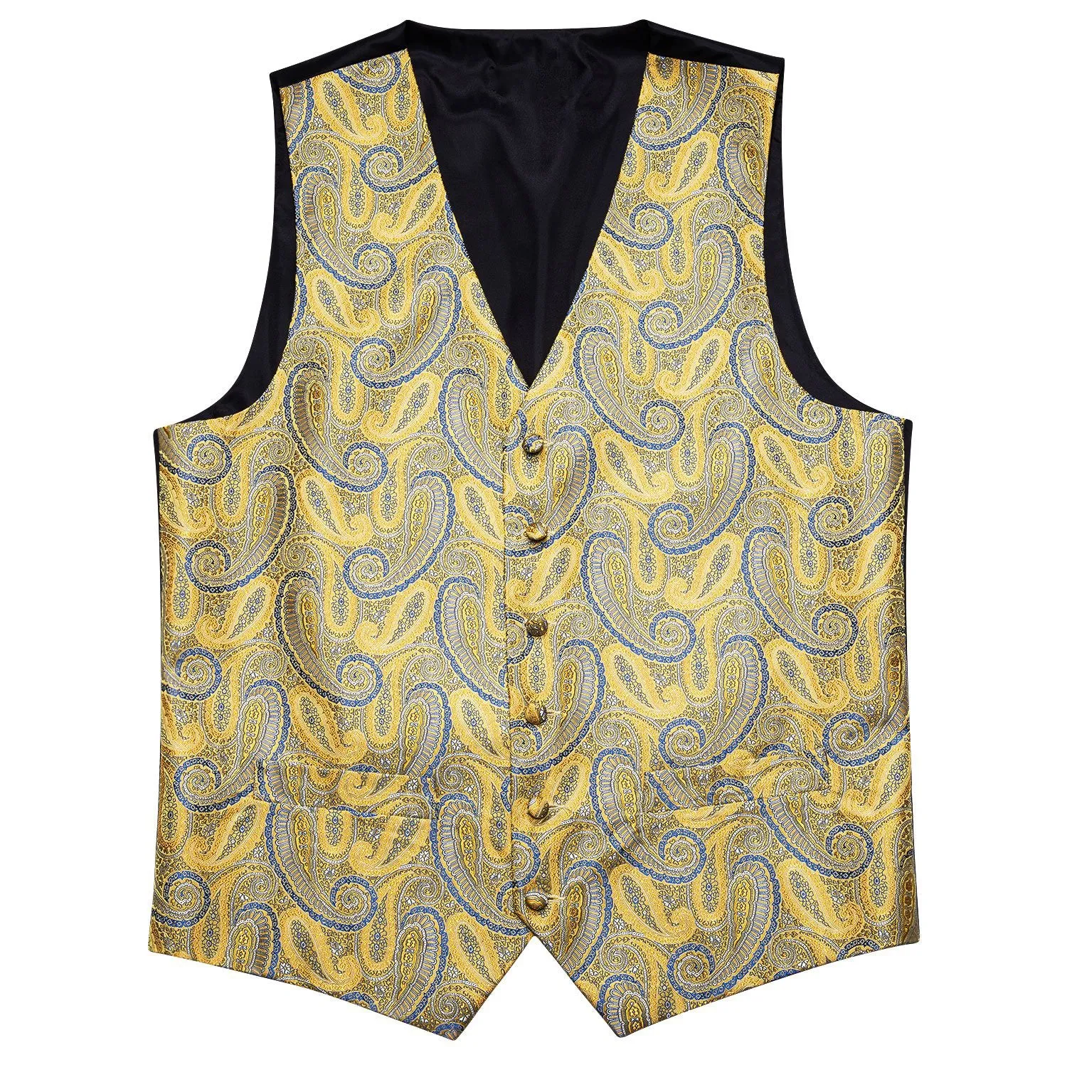 Golden Blue Paisley Silk Men's Vest Tie Hanky Cufflinks Set Waistcoat Suit Set