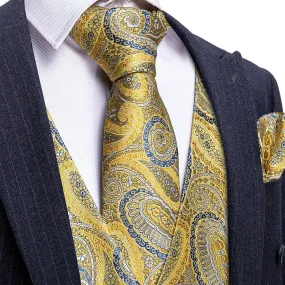 Golden Blue Paisley Silk Men's Vest Tie Hanky Cufflinks Set Waistcoat Suit Set