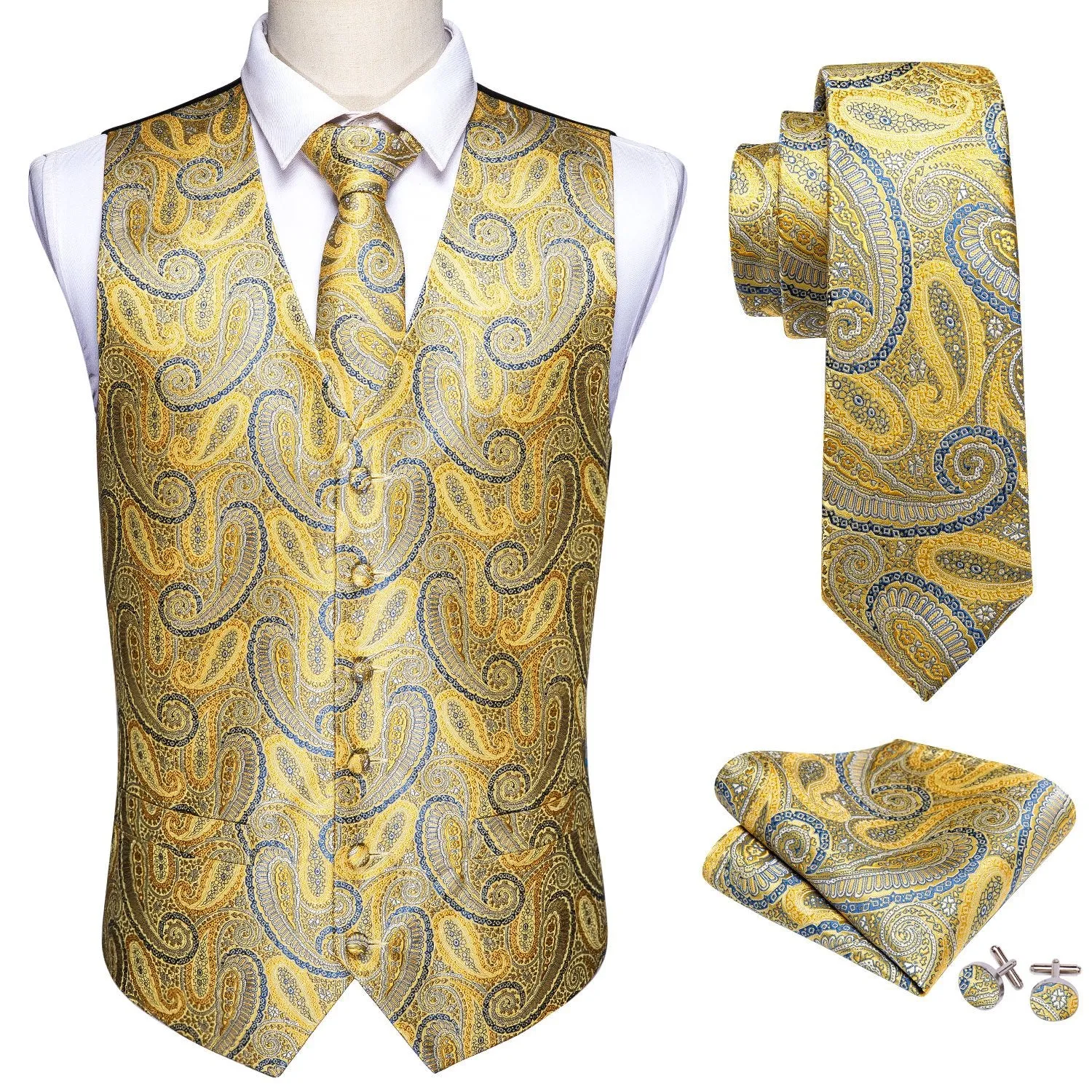 Golden Blue Paisley Silk Men's Vest Tie Hanky Cufflinks Set Waistcoat Suit Set