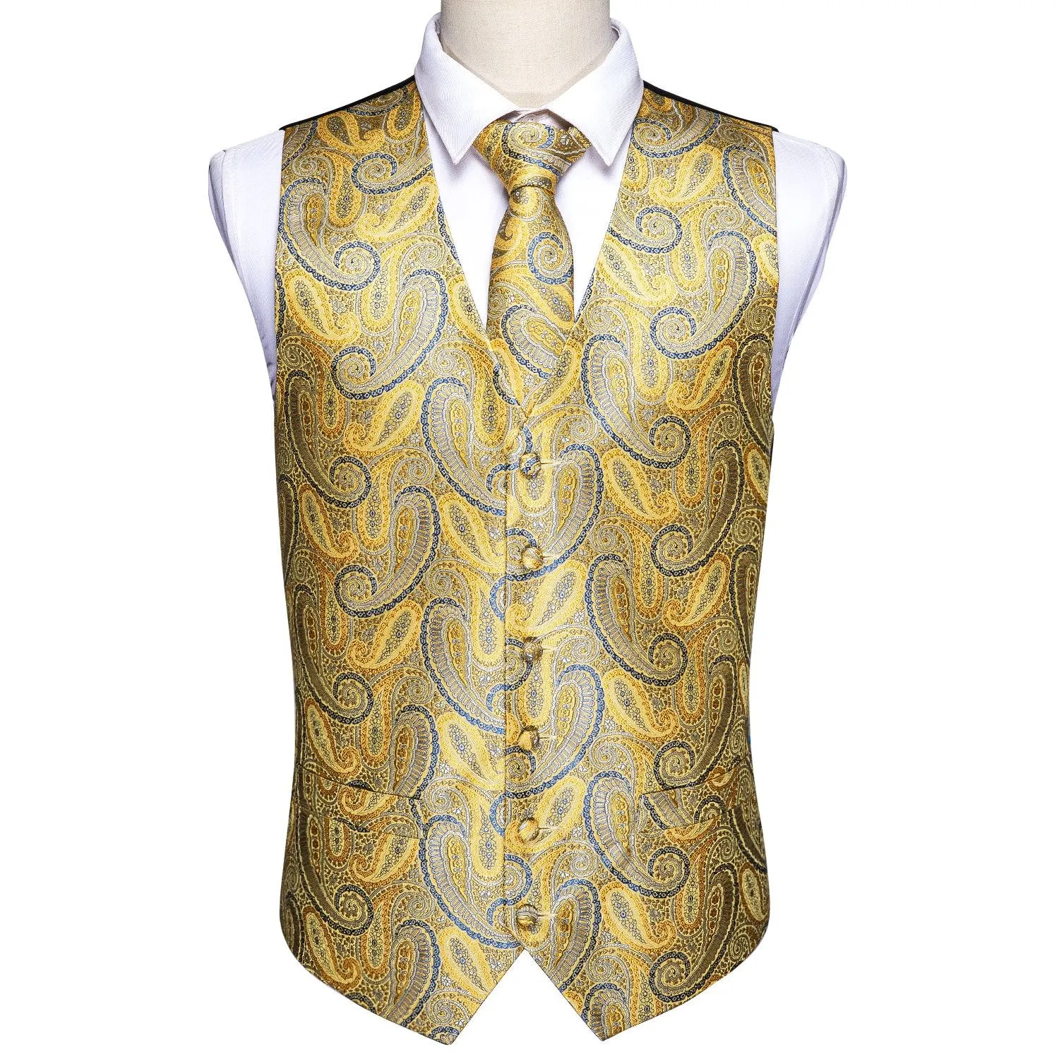 Golden Blue Paisley Silk Men's Vest Tie Hanky Cufflinks Set Waistcoat Suit Set